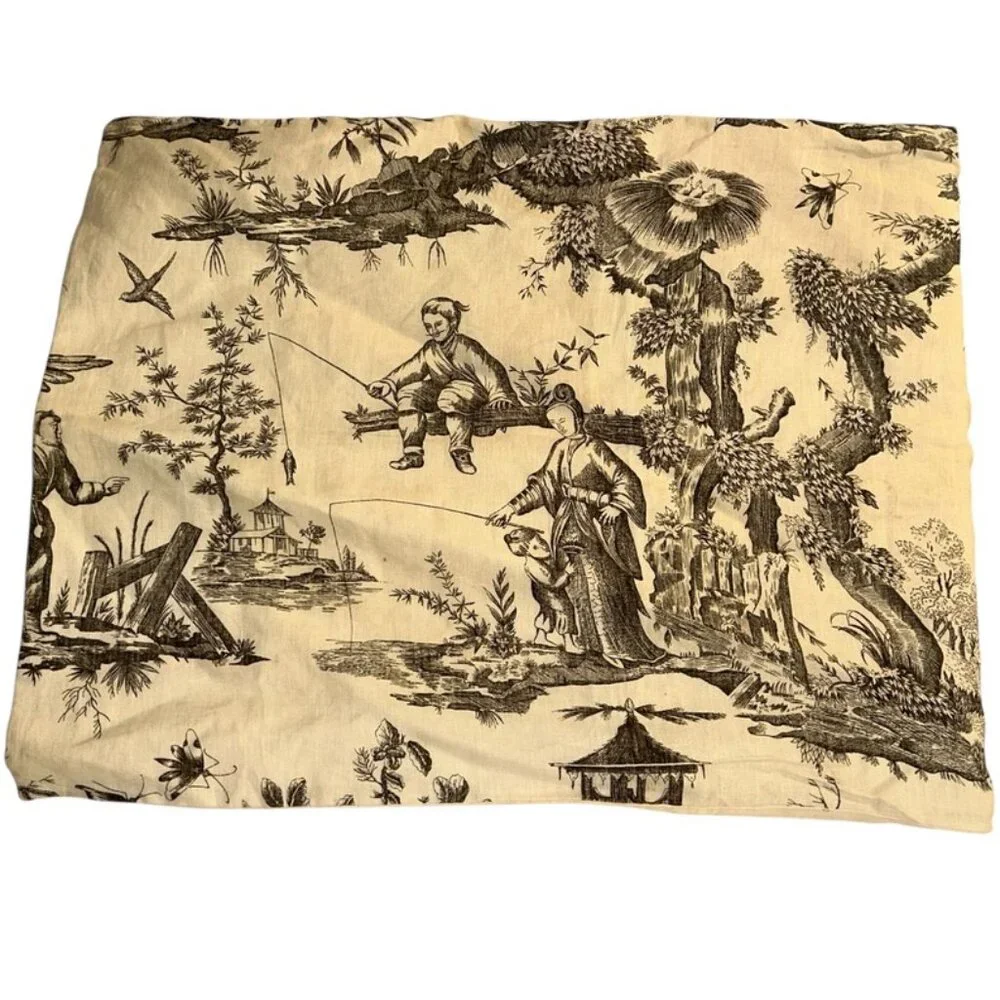 NEW 100% LINEN cream black TOILE bucolic Japanese Fishing Scene postcard 32x20